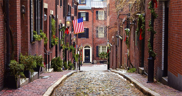Historic Boston skyline with iconic brownstones and scenic waterfront views